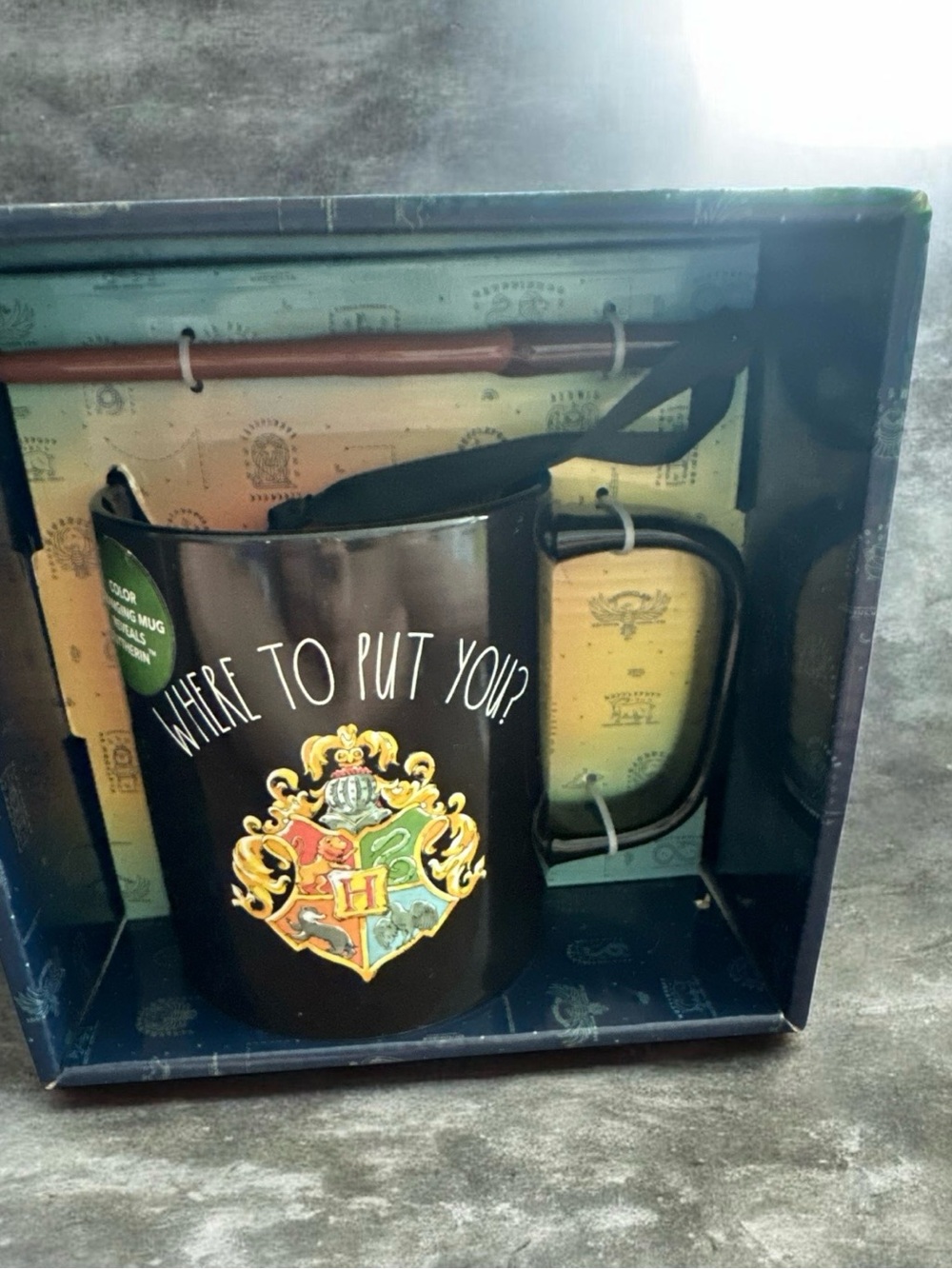 Hogwarts Crest Black Ceramic Mug with Decorative Wand Accent
